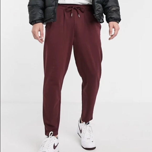 Asos Tapered Pleated Sweatpants Burgundy Joggers - Picture 2 of 7